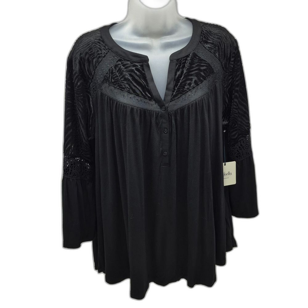 NWT Rafaella Black Long Sleeve Top Lace Detail Henley Blouse Size Large. Elegant